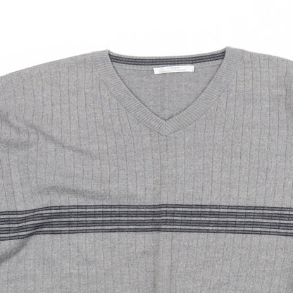 St Michael Mens Grey V-Neck Striped Wool Pullover Jumper Size L Long Sleeve