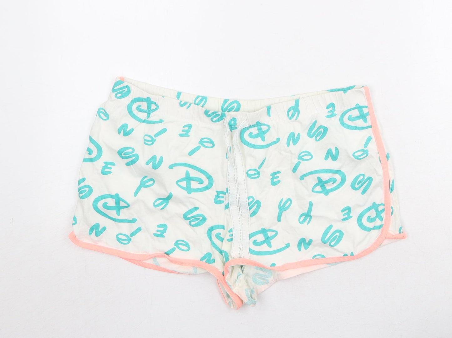 Disney Womens White Geometric Cotton Sweat Shorts Size M Regular Drawstring