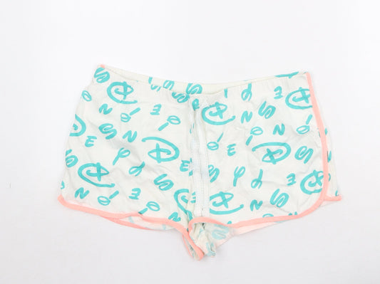 Disney Womens White Geometric Cotton Sweat Shorts Size M Regular Drawstring
