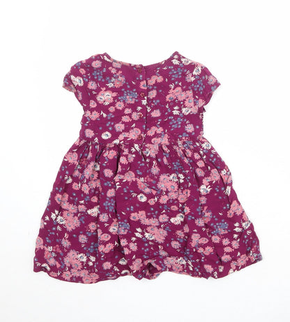 Debenhams Girls Purple Floral Viscose T-Shirt Dress Size 3-4 Years Boat Neck Button