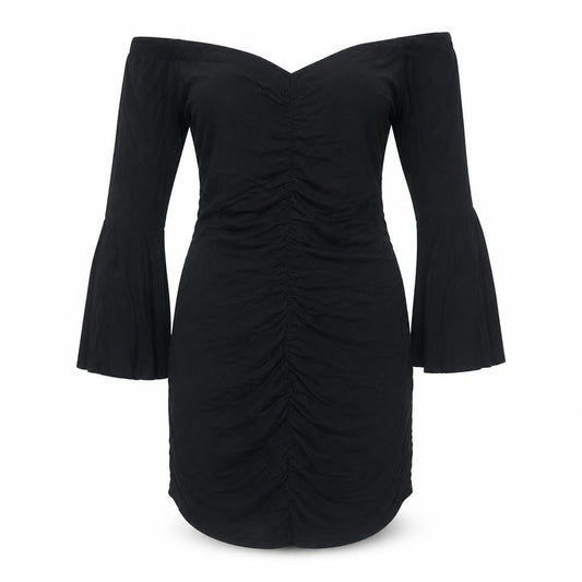 Front view of ASOS women’s black viscose a-line, size UK 12, off the shoulder pullover