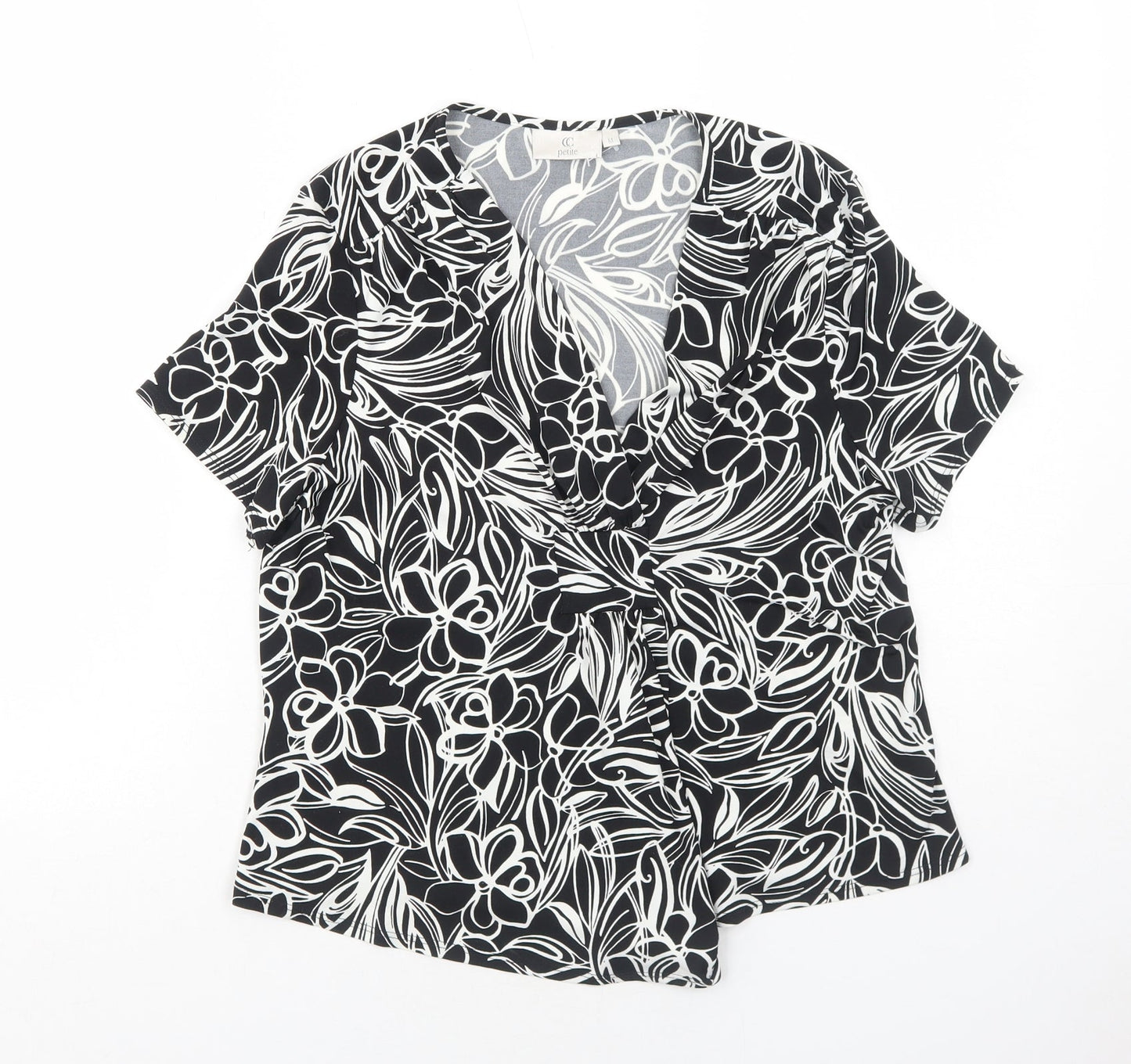 CC Womens Black Floral Polyester Basic Blouse Size M V-Neck