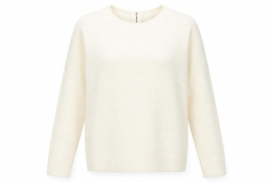 Front view of Sfera women’s white round neck acrylic jumper, size M