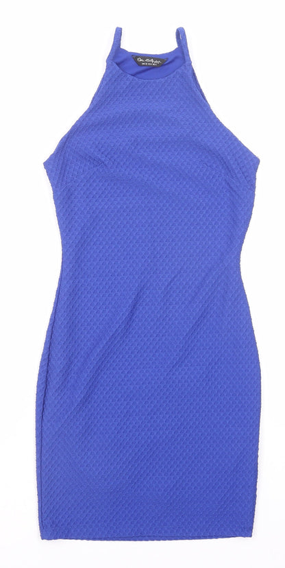 Miss Selfridge Womens Blue Geometric Polyester Bodycon Size 4 Round Neck Pullover