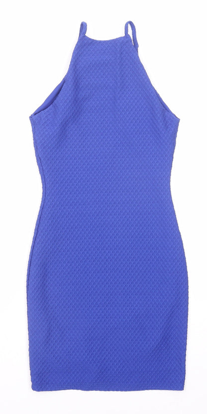 Miss Selfridge Womens Blue Geometric Polyester Bodycon Size 4 Round Neck Pullover