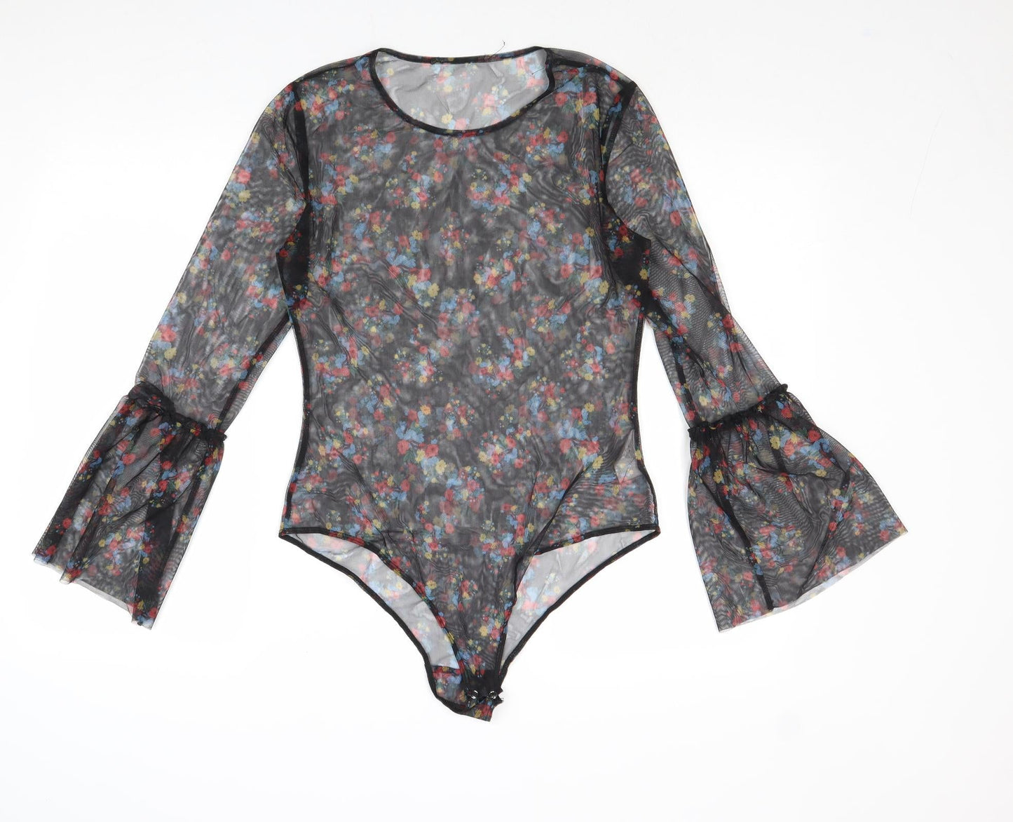 QED London Womens Black Floral Polyester Bodysuit One-Piece Size M Snap - Sheer