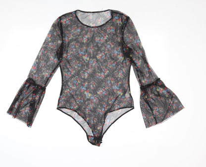 QED London Womens Black Floral Polyester Bodysuit One-Piece Size M Snap - Sheer