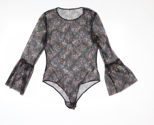 QED London Womens Black Floral Polyester Bodysuit One-Piece Size M Snap - Sheer