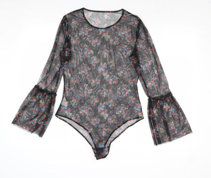 QED London Womens Black Floral Polyester Bodysuit One-Piece Size M Snap - Sheer