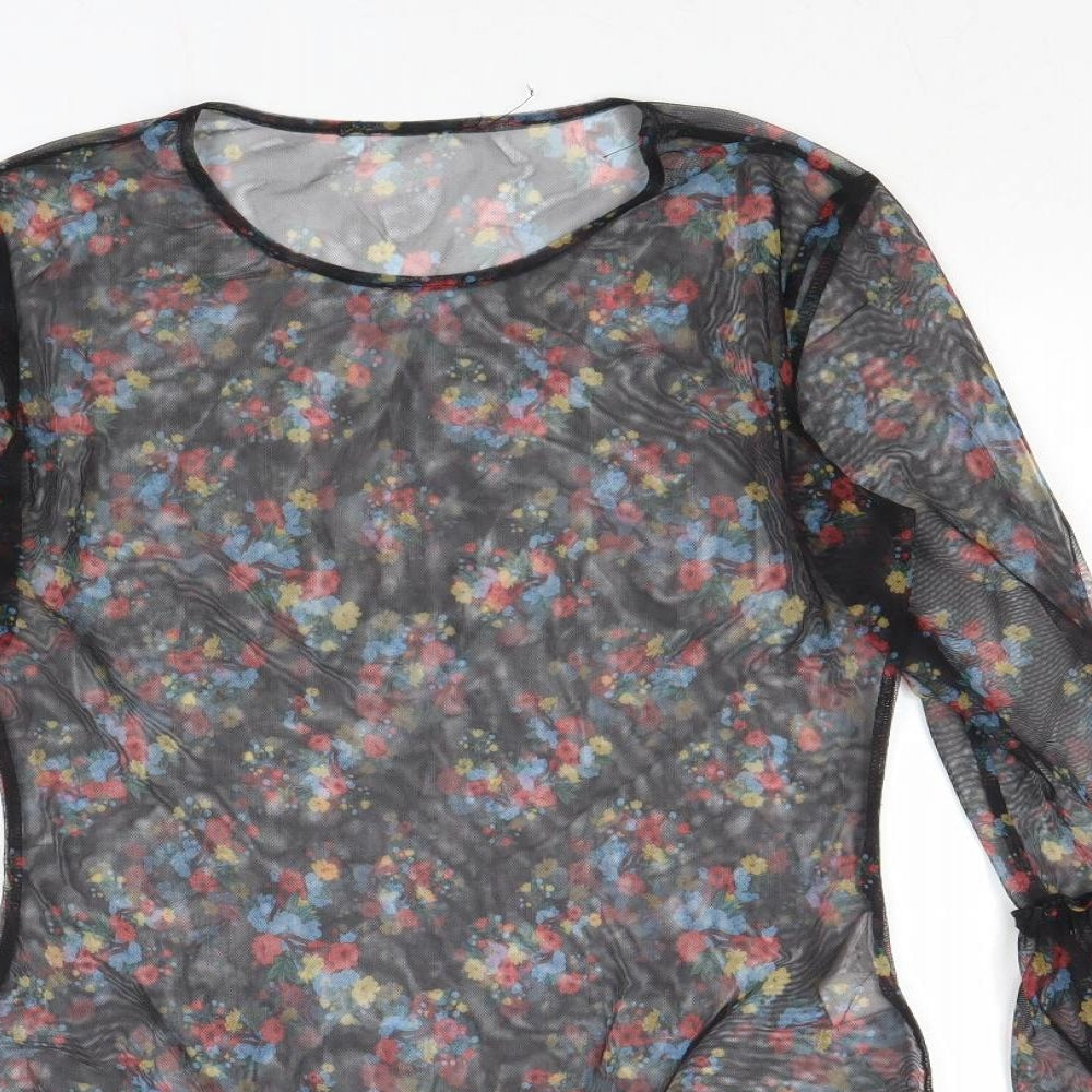 QED London Womens Black Floral Polyester Bodysuit One-Piece Size M Snap - Sheer