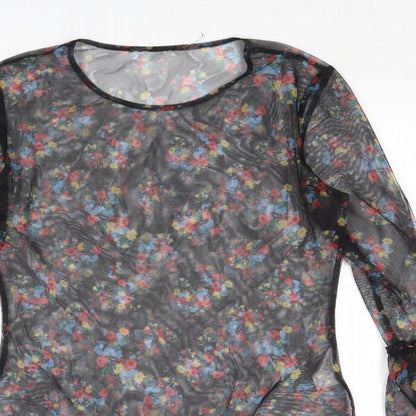 QED London Womens Black Floral Polyester Bodysuit One-Piece Size M Snap - Sheer