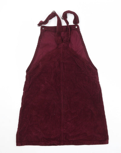 Topshop Womens Red Cotton Pinafore/Dungaree Dress Size 6 Square Neck Buckle