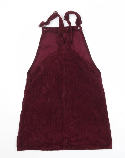 Topshop Womens Red Cotton Pinafore/Dungaree Dress Size 6 Square Neck Buckle