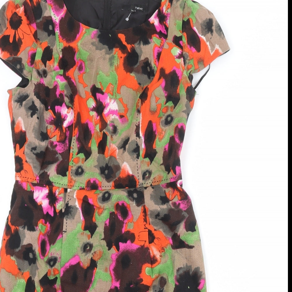 NEXT Womens Multicoloured Floral Linen A-Line Size 8 Round Neck Zip