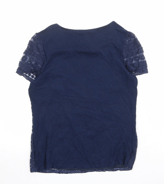 Oasis Womens Blue Geometric Cotton Basic T-Shirt Size M Round Neck