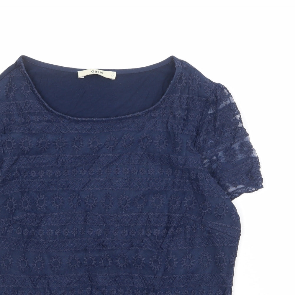 Oasis Womens Blue Geometric Cotton Basic T-Shirt Size M Round Neck