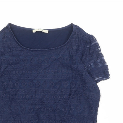 Oasis Womens Blue Geometric Cotton Basic T-Shirt Size M Round Neck