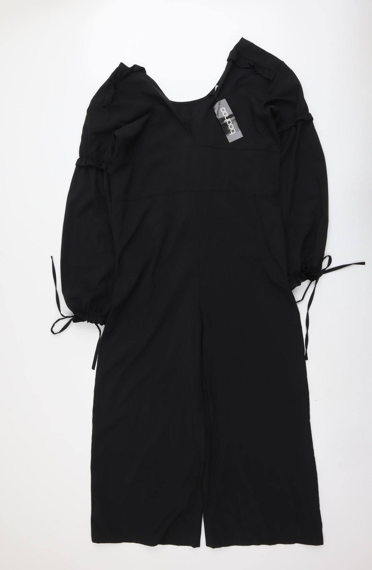 Boohoo Womens Black Polyester Jumpsuit One-Piece Size 8 Pullover - Tie Sleeve Detail
