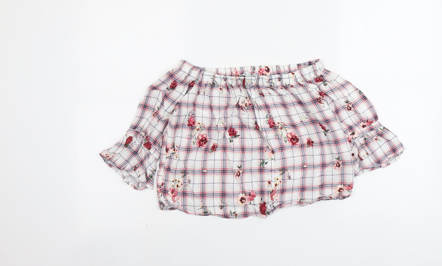 Bershka Womens Multicoloured Floral Viscose Cropped Blouse Size XS Boat Neck