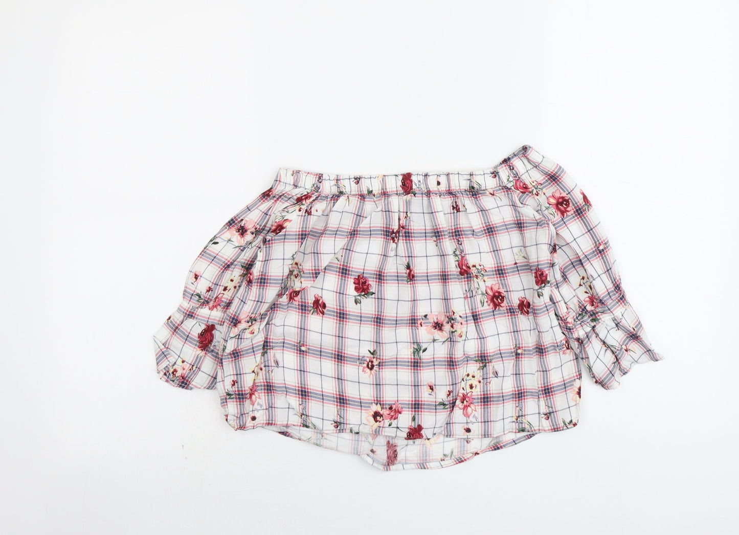 Bershka Womens Multicoloured Floral Viscose Cropped Blouse Size XS Boat Neck