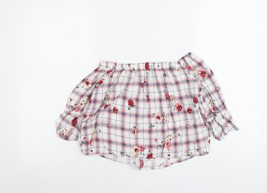 Bershka Womens Multicoloured Floral Viscose Cropped Blouse Size XS Boat Neck