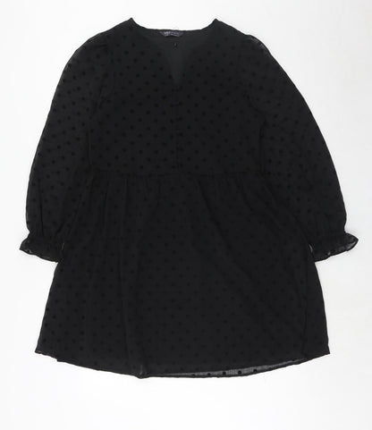 Marks and Spencer Womens Black Polka Dot Polyester A-Line Size 10 Round Neck Button