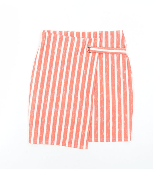 PRETTYLITTLETHING Womens Orange Striped Polyester Bandage Skirt Size 10