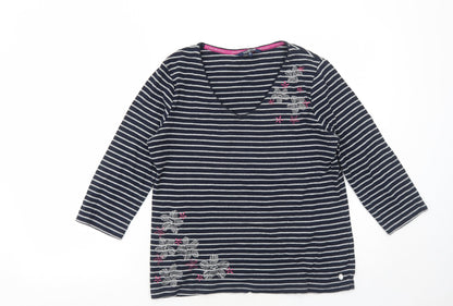 Maine Womens Blue Striped Cotton Basic T-Shirt Size 14 V-Neck - Flower Detail