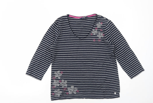 Maine Womens Blue Striped Cotton Basic T-Shirt Size 14 V-Neck - Flower Detail