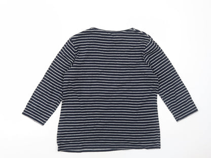 Maine Womens Blue Striped Cotton Basic T-Shirt Size 14 V-Neck - Flower Detail