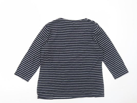 Maine Womens Blue Striped Cotton Basic T-Shirt Size 14 V-Neck - Flower Detail