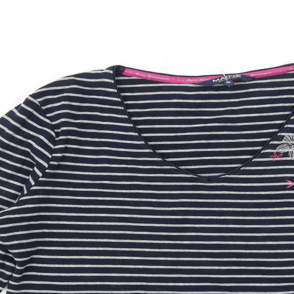 Maine Womens Blue Striped Cotton Basic T-Shirt Size 14 V-Neck - Flower Detail