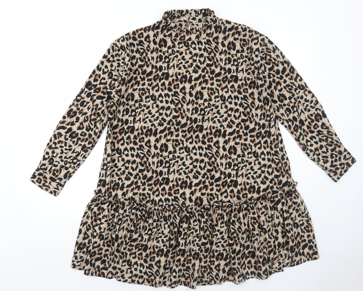 ASOS Womens Brown Animal Print Polyester Skater Dress Size 8 Round Neck Button - Leopard Pattern