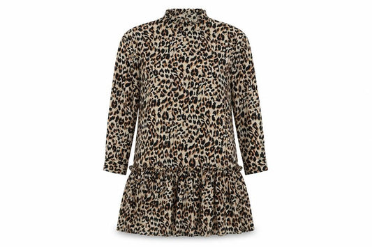 Front view of ASOS women’s brown animal print polyester skater dress, size UK 8, round neck button - leopard pattern