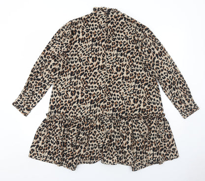 ASOS Womens Brown Animal Print Polyester Skater Dress Size 8 Round Neck Button - Leopard Pattern