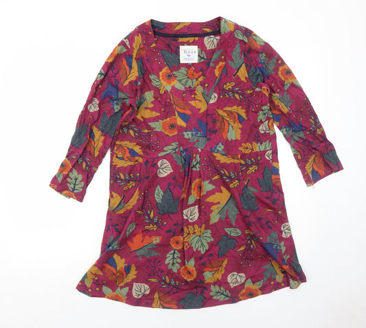 EWM Womens Red Geometric Cotton Trapeze & Swing Size S Round Neck Pullover - Leaf Pattern