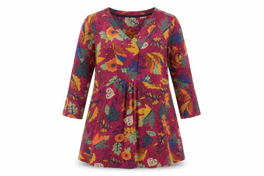 EWM Womens Red Geometric Cotton Trapeze & Swing Size S Round Neck Pullover - Leaf Pattern