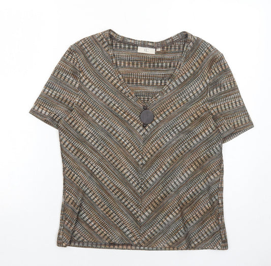 CC Womens Brown Geometric Polyester Basic T-Shirt Size L V-Neck