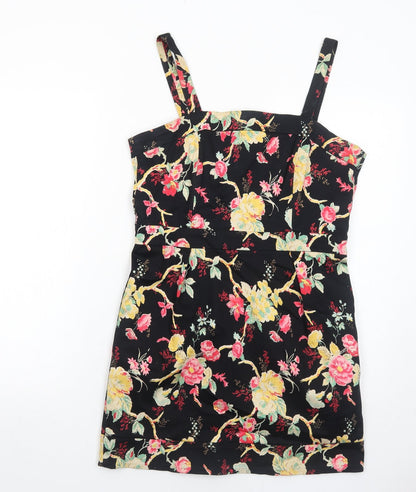 Union Boutique Womens Black Floral Cotton A-Line Size 14 Square Neck Zip