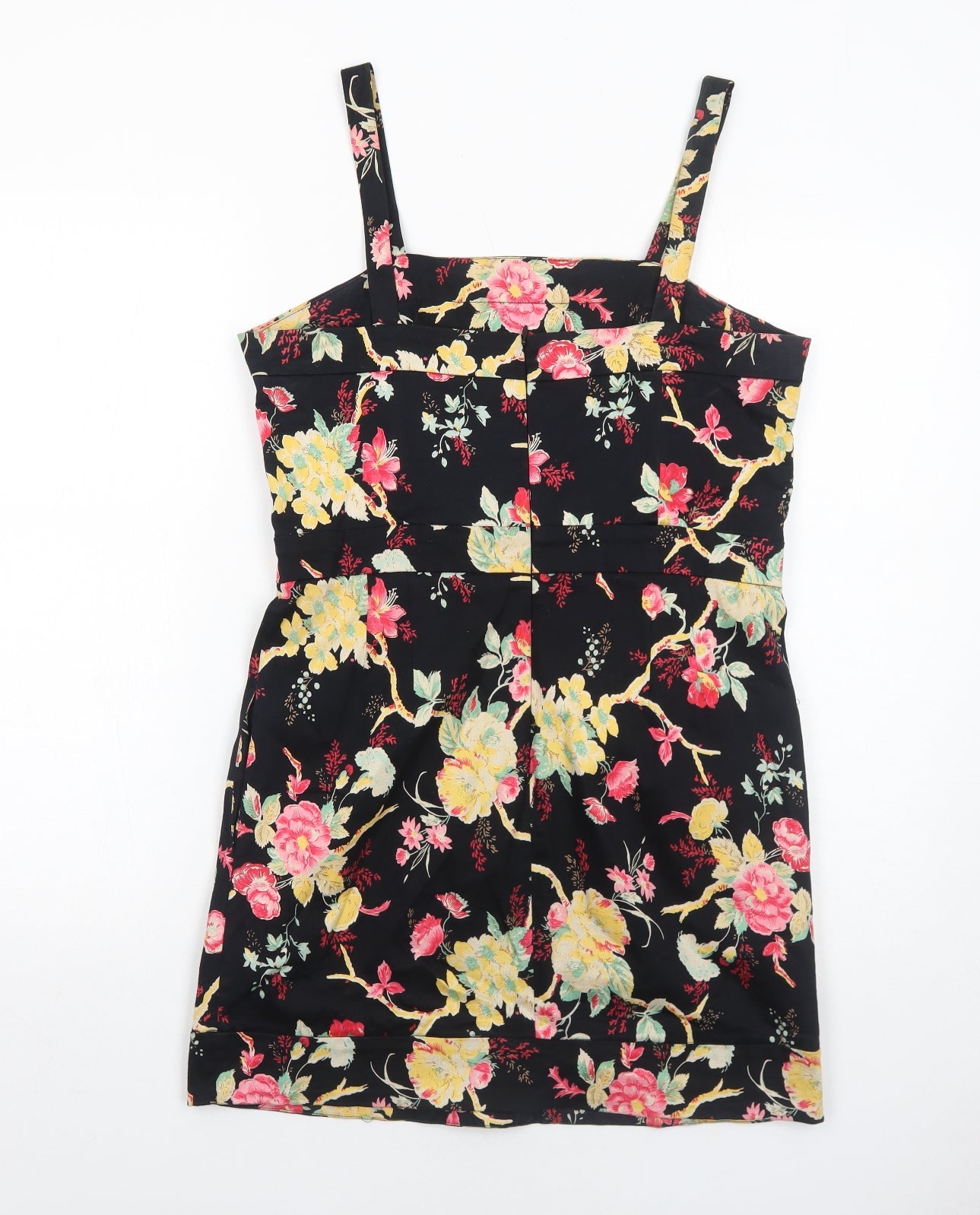 Union Boutique Womens Black Floral Cotton A-Line Size 14 Square Neck Zip