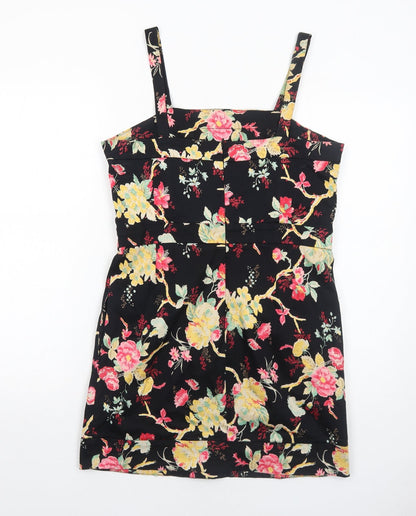 Union Boutique Womens Black Floral Cotton A-Line Size 14 Square Neck Zip