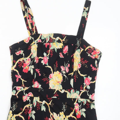 Union Boutique Womens Black Floral Cotton A-Line Size 14 Square Neck Zip