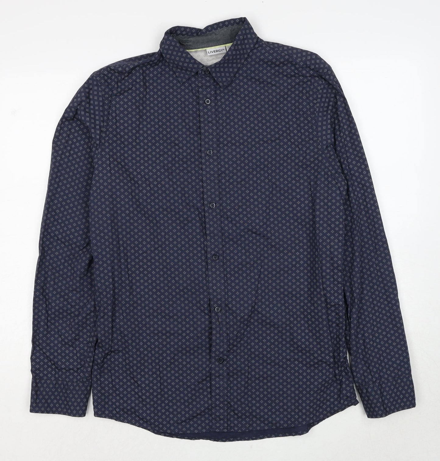 Livergy Mens Blue Geometric Cotton Button-Up Size 15.5 Collared Button - Collar 15½''