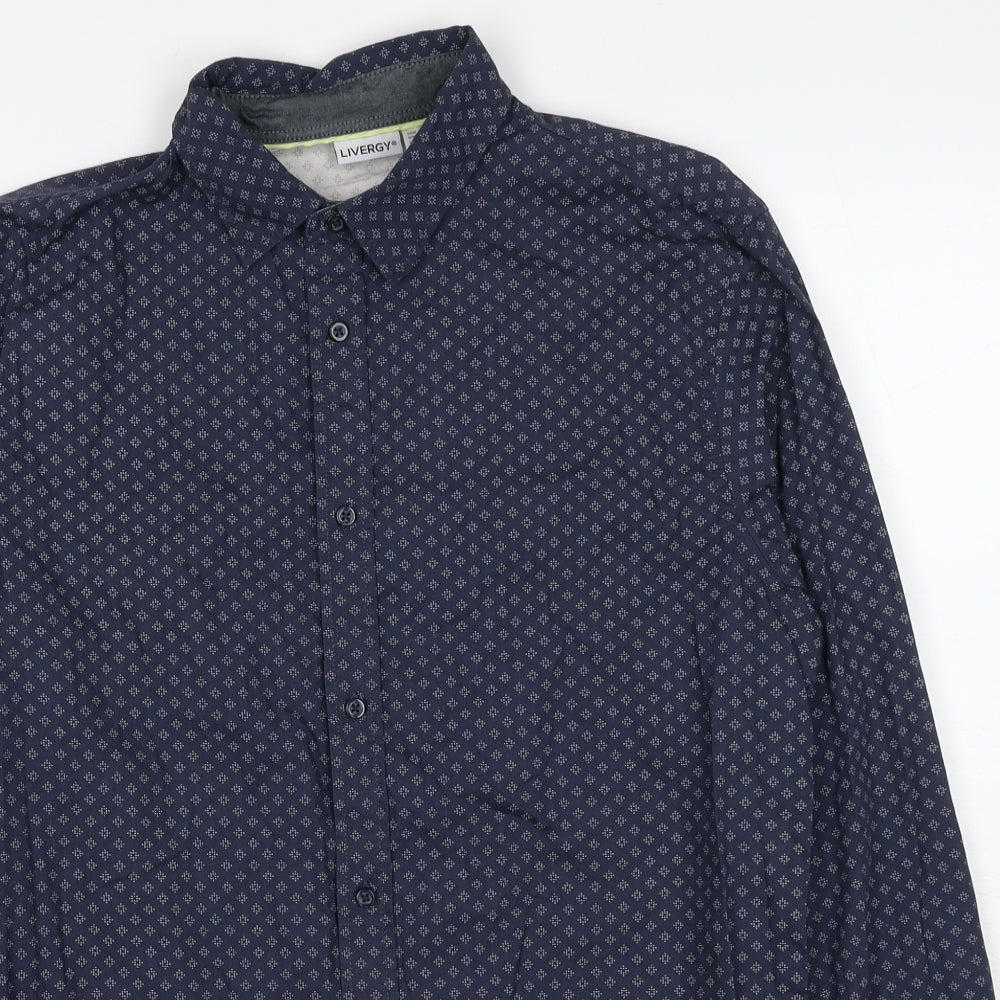 Livergy Mens Blue Geometric Cotton Button-Up Size 15.5 Collared Button - Collar 15½''