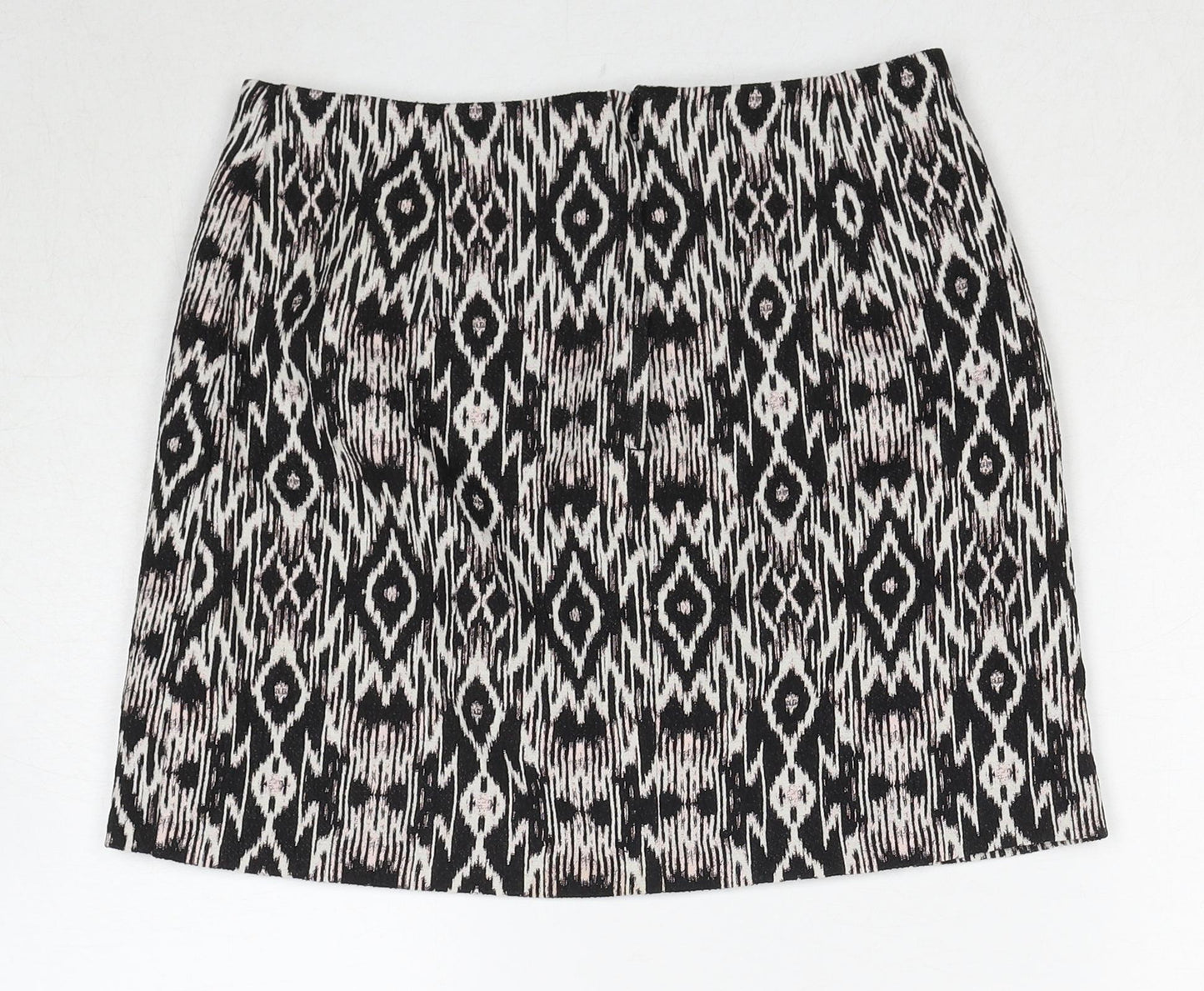 New Look Womens Black Geometric Polyester A-Line Skirt Size 10 Zip