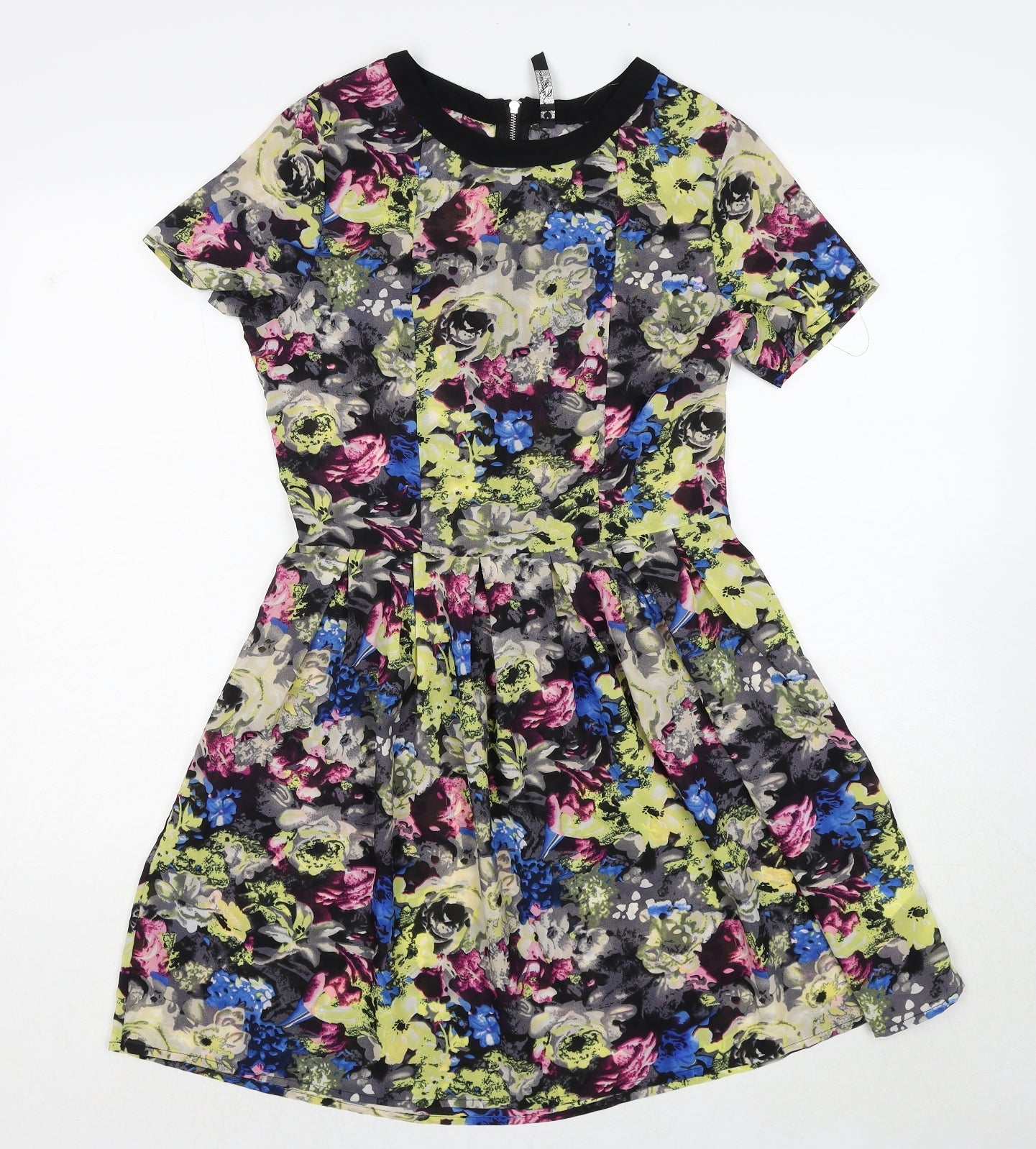 Influence Womens Multicoloured Floral Polyester Skater Dress Size 10 Round Neck Zip