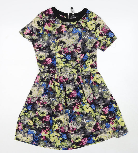 Influence Womens Multicoloured Floral Polyester Skater Dress Size 10 Round Neck Zip