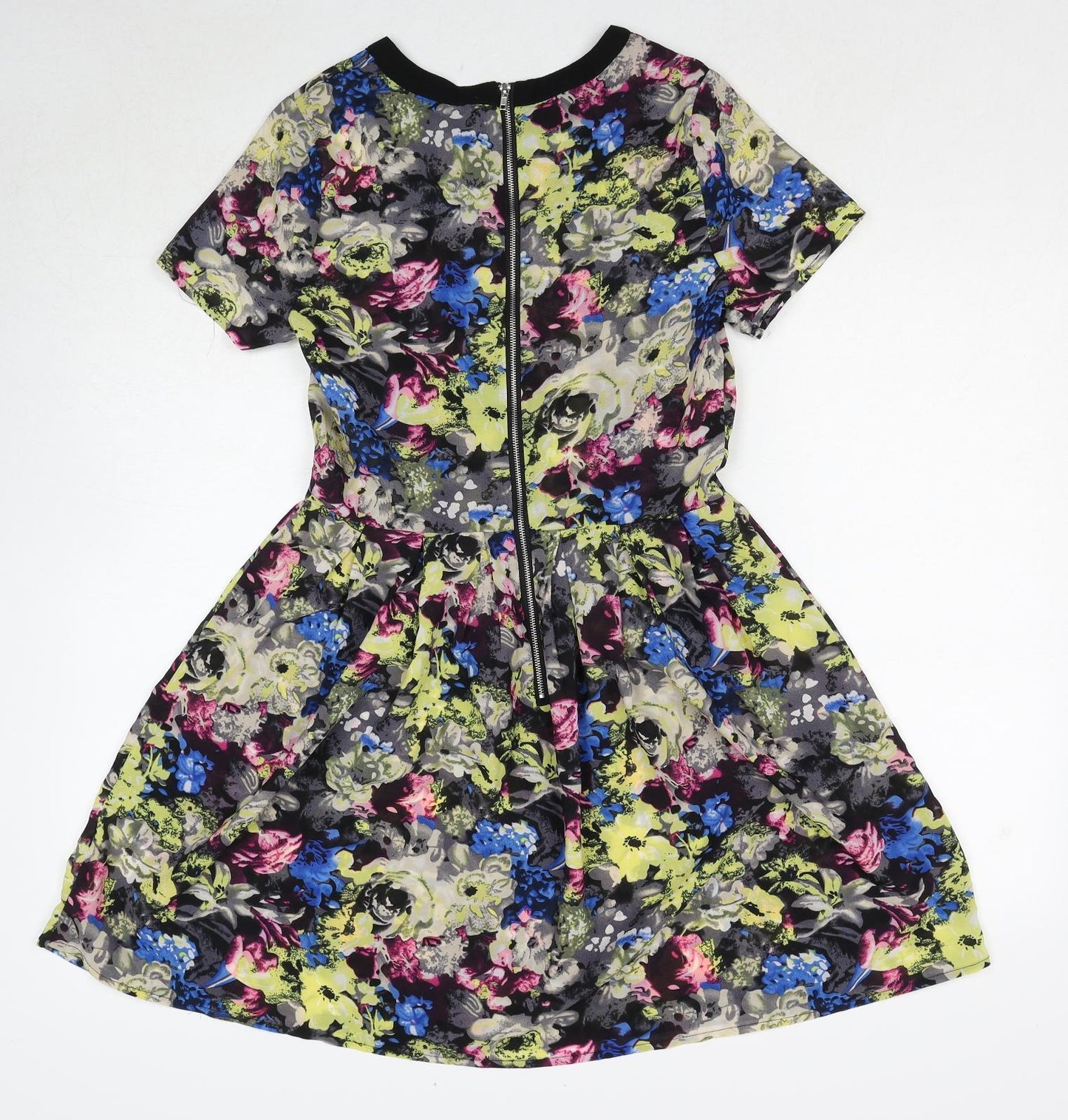Influence Womens Multicoloured Floral Polyester Skater Dress Size 10 Round Neck Zip