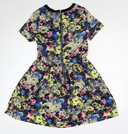 Influence Womens Multicoloured Floral Polyester Skater Dress Size 10 Round Neck Zip