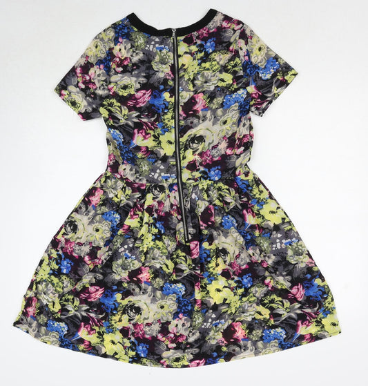 Influence Womens Multicoloured Floral Polyester Skater Dress Size 10 Round Neck Zip
